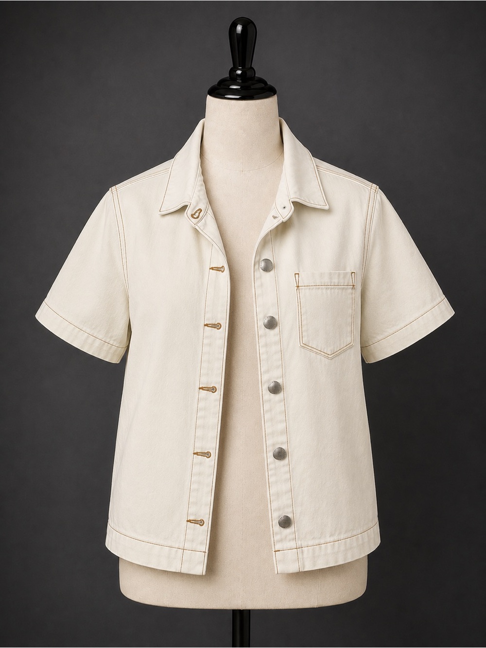 Cream Short-Sleeve Button-Front Denim Jacket